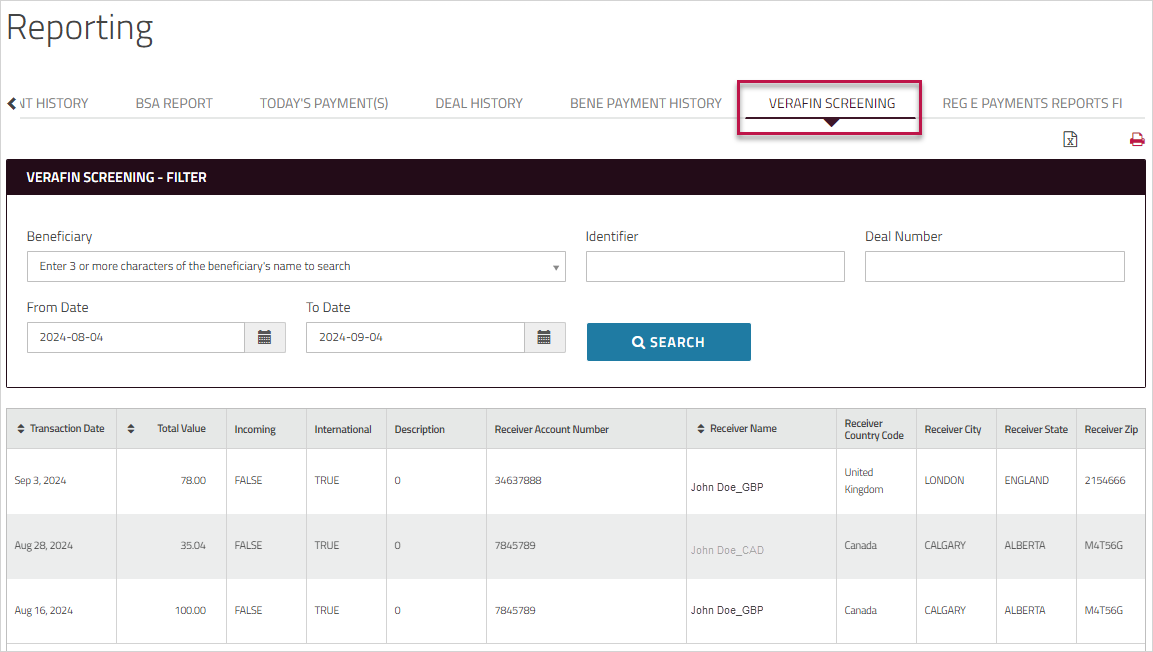 Verafin Screening Report